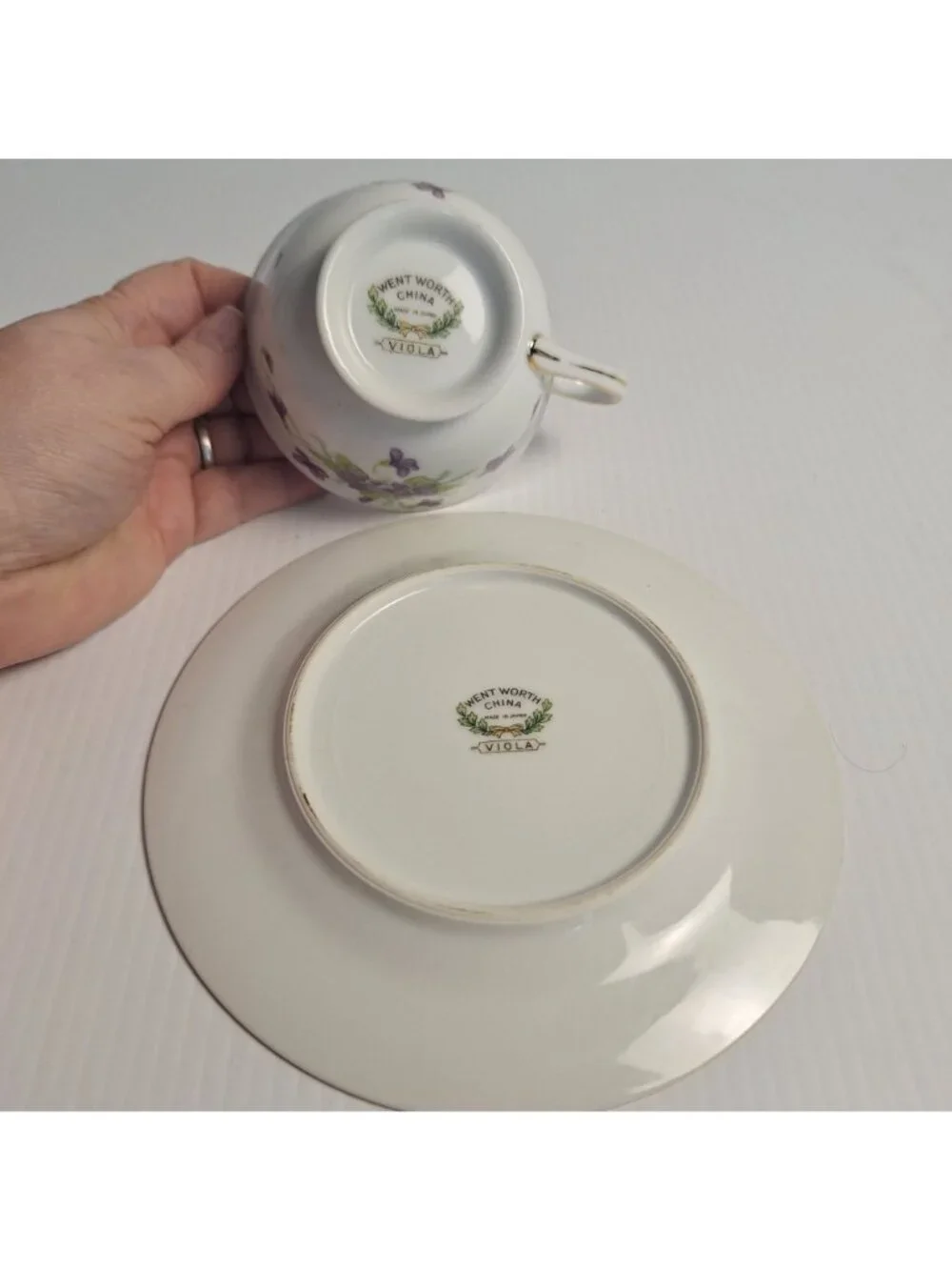 VINTAGE WENTWORTH CHINA JAPAN PURPLE FLORAL GOLD TRIM CUP AND SAUCER SET VIOLA